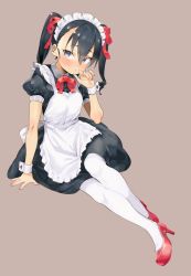 Rule 34 | 1girl, apron, atage, black dress, black hair, blue eyes, blush, copyright request, dress, grey background, hair between eyes, hair ribbon, hand up, high heels, invisible chair, looking at viewer, maid headdress, parted lips, puffy short sleeves, puffy sleeves, red footwear, red ribbon, ribbon, shoes, short sleeves, simple background, sitting, solo, twintails, white apron, white legwear, wrist cuffs