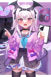 Rule 34 | 1girl, @ @, absurdres, amahara subaru, anger vein, animal ear headphones, animal ears, black choker, black hairband, black sailor collar, black skirt, black thighhighs, blue neckerchief, broken, cat ear headphones, choker, colored inner hair, controller, cowboy shot, demon tail, desk, fake animal ears, fang, frilled skirt, frills, game controller, hair between eyes, hair ornament, hairband, hairclip, hands up, head wings, headphones, headphones removed, highres, indoors, jacket, keyboard (computer), letterboxed, long hair, long sleeves, looking at viewer, monitor, multicolored hair, neckerchief, open clothes, open jacket, open mouth, original, pointy ears, purple eyes, purple hair, purple jacket, sailor collar, shirt, silver hair, skin fang, skirt, solo, standing, tail, tail raised, thighhighs, two side up, v-shaped eyebrows, very long hair, white shirt, wings