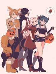 2boys 2girls :o animal_ears bandaged_leg bandages bare_shoulders basket black_choker black_footwear black_hair black_hairband black_pants black_pantyhose black_shirt blue_eyes blue_hair boots breasts brown_shirt byleth_(female)_(fire_emblem) byleth_(fire_emblem) candy chimney_(chimney0311) choker cleavage crop_top dress edelgard_von_hresvelg fake_horns ferdinand_von_aegir fire_emblem fire_emblem:_three_houses food grey_background hairband highres horn_hairband horns hubert_von_vestra lollipop long_sleeves medium_breasts midriff multiple_boys multiple_girls navel nintendo off-shoulder_shirt off_shoulder open_mouth orange_eyes orange_hair pants pantyhose puffy_sleeves purple_eyes red_dress shirt short_hair short_sleeves simple_background speech_bubble stomach thighs white_hair wolf_ears