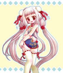 Rule 34 | 00s, albino, bare shoulders, blush, bracelet, bun cover, china dress, chinese clothes, code geass, covering privates, double bun, dress, embarrassed, flat chest, jewelry, long hair, open mouth, red eyes, ribbon, solo, sweatdrop, thighhighs, tianzi, twintails, very long hair, watanabe sumiko, white hair, zettai ryouiki