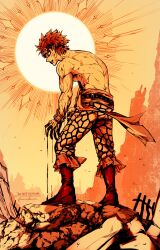 Rule 34 | 1boy, angry, blank eyes, blood, blood on hands, boots, eustass kid, facing ahead, from side, goggles, goggles on head, highres, male focus, one piece, orange theme, pants, print pants, profile, red hair, short hair, solo, standing, sun, tipe (mementomoli), topless male