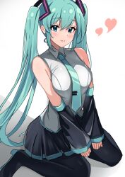 Rule 34 | 1girl, absurdres, aqua eyes, aqua hair, aqua necktie, boots, breasts, commentary request, detached sleeves, hair between eyes, hatsune miku, heart, highres, large breasts, long hair, looking at viewer, necktie, shadow, shirt, simple background, sitting, skirt, sleeveless, sleeveless shirt, smile, solo, thigh boots, twintails, two-tone skirt, v arms, very long hair, vocaloid, wariza, white background, yoshiwo senpai