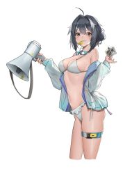 Rule 34 | 1girl, ahoge, arknights, bare shoulders, bikini, black hair, blue jacket, breasts, commentary, cropped legs, goggles, goggles around neck, grey eyes, groin, hair intakes, hands up, highres, holding, holding megaphone, id card, jacket, la pluma (arknights), la pluma (summer flowers) (arknights), long sleeves, medium breasts, megaphone, navel, off shoulder, open clothes, open jacket, roupo99, short hair, simple background, solo, standing, stomach, swimsuit, thigh strap, thighs, white background, white bikini