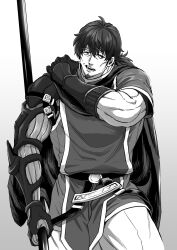 Rule 34 | 1boy, bara, belt, cape, cheekbones, facial hair, fate/grand order, fate (series), gloves, goatee, gradient background, greyscale, haruto (hit23ewluvnpfo6), hector (fate), highres, holding, holding polearm, holding weapon, male focus, mature male, monochrome, muscular, muscular male, pants, polearm, ponytail, prosthesis, prosthetic arm, solo, sparse stubble, tunic, weapon