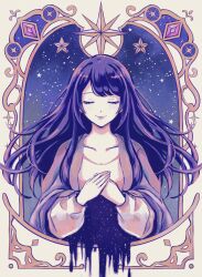 Rule 34 | 1girl, absurdres, closed eyes, closed mouth, coat, collarbone, commentary, double exposure, highres, hoshino ai (oshi no ko), long sleeves, open clothes, open coat, oshi no ko, purple hair, remiii 888, sidelocks, sky, solo, star (sky), starry sky, swept bangs