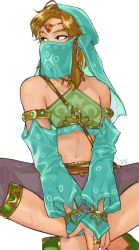 Rule 34 | 1boy, artist name, bad id, bad pixiv id, bare shoulders, blonde hair, blue eyes, bridal gauntlets, circlet, collarbone, commentary request, crossdressing, detached sleeves, earrings, gerudo set (zelda), green footwear, green headwear, green sleeves, highres, indian style, ivy (sena0119), jewelry, link, looking to the side, male focus, medium hair, midriff, mouth veil, navel, nintendo, pants, pink pants, pointy ears, simple background, sitting, solo, stomach, the legend of zelda, the legend of zelda: breath of the wild, trap, veil, white background