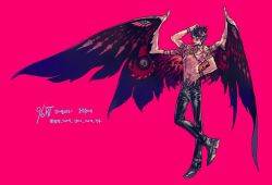 Rule 34 | 1boy, black choker, black footwear, black hair, black pants, blue eyes, chest tattoo, choker, closed mouth, crossed arms, glasses, highres, horns, looking at viewer, male focus, original, pants, pigeon666, pink background, pointy ears, round eyewear, topless male, shoes, shoulder tattoo, signature, simple background, solo, spread wings, tattoo, wings