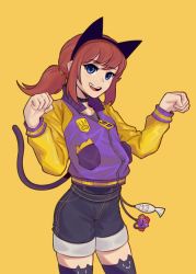 Rule 34 | 1girl, a hat in time, animal ears, black thighhighs, blue eyes, blush, brown hair, cat ears, cat tail, choker, collarbone, denim, denim shorts, fake animal ears, fake tail, fujimna, hat kid, highres, jacket, long sleeves, looking at viewer, aged up, open mouth, paw pose, short hair, short ponytail, shorts, sidelocks, simple background, smile, solo, tail, teeth, thighhighs, track jacket, upper teeth only, yellow background