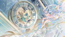 Rule 34 | 1girl, anklet, artist name, atdan, bare legs, barefoot, blue butterfly, blue eyes, blue hair, blue nails, breasts, bug, butterfly, butterfly hair ornament, cangqiong, clock, closed mouth, commentary, dress, english commentary, full body, gears, hair between eyes, hair ornament, highres, insect, jewelry, large breasts, long hair, looking away, midair, nail polish, pelvic curtain, roman numeral, sleeveless, sleeveless dress, smile, solo, synthesizer v, very long hair, white dress, wide shot, wristband