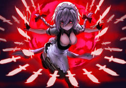 Rule 34 | 1girl, adapted costume, alternate costume, apron, black gloves, black thighhighs, bow, braid, breasts, cleavage, covered erect nipples, dagger, gloves, glowing, glowing eyes, gradient background, hair bow, hair ornament, heihei de hei yan long, highres, izayoi sakuya, knife, large breasts, looking at viewer, looking up, maid headdress, miniskirt, necktie, outstretched arms, puffy sleeves, red eyes, ribbon, shirt, short hair, short sleeves, silver hair, skirt, smile, solo, thighhighs, touhou, twin braids, waist apron, weapon