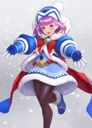 Rule 34 | 1girl, beanie, belt, blue coat, blue dress, blue footwear, blue gloves, blue hat, blush, boots, bow, brown pantyhose, coat, dress, fate/grand order, fate/grand order arcade, fate (series), fur-trimmed coat, fur-trimmed dress, fur trim, gloves, hat, helena blavatsky (christmas) (fate), helena blavatsky (fate), highres, hood, hooded coat, large bow, long sleeves, looking at viewer, open clothes, open coat, open mouth, otsukemono, outstretched arms, pantyhose, purple eyes, purple hair, red bow, short hair, smile, snow, solo