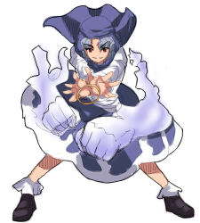 Rule 34 | 1girl, blue hair, bracelet, clenched hand, clenched hands, fighting stance, hood, jewelry, kumoi ichirin, magukappu, no nose, red eyes, ring, simple background, smile, solo, touhou, unzan