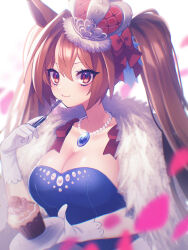 Rule 34 | 1girl, :t, absurdres, alternate costume, animal ears, blue dress, blurry, bow, breasts, brown hair, cleavage, closed mouth, crown, cupcake, daiwa scarlet (umamusume), depth of field, dress, feather boa, food, fork, glint, gloves, hair between eyes, hair bow, highres, holding, holding fork, holding plate, horse ears, jewelry, large breasts, long hair, looking at viewer, maigo (user xkwr8585), necklace, petals, plate, red eyes, solo, twintails, umamusume, white gloves