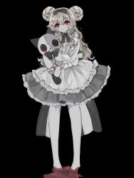 Rule 34 | 1girl, artist name, back bow, black background, black bow, blonde hair, blood, blood on feet, blood on ground, bow, bright pupils, center frills, closed mouth, commentary, dot mouth, dress, expressionless, frilled dress, frills, full body, gothic lolita, hair between eyes, hair bow, highres, holding, holding stuffed toy, horns, large bow, lolita fashion, long sleeves, looking at viewer, muted color, no shoes, okome 0216, original, pantyhose, red eyes, sheep horns, sidelocks, simple background, solo, spot color, standing, straight-on, striped, striped bow, stuffed animal, stuffed toy, twitter username, watermark, white bow, white dress, white pantyhose, white pupils