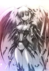 Rule 34 | 1girl, angel wings, breasts, center opening, chain, cleavage, clenched hand, collar, expressionless, feet out of frame, gauntlets, highres, ikaros, monochrome, navel, parted lips, robot ears, solo, sora no otoshimono, standing, watanabe yoshihiro, wings