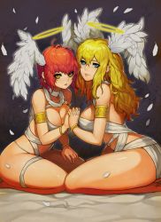 Rule 34 | 2girls, armlet, bandages, bare shoulders, blonde hair, blue eyes, bracelet, breasts, cleavage, earrings, feathered wings, feathers, gold, gurimjang, halo, holding hands, head wings, jewelry, large breasts, light smile, lips, long hair, looking at viewer, multiple girls, o-ring, original, parted lips, siblings, sisters, thighs, wings