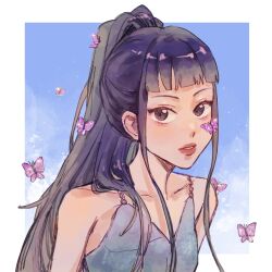 Rule 34 | black hair, blue background, border, brown eyes, bug, butterfly, collarbone, dress, grey dress, hair behind ear, hair over shoulder, hao e hao e hao e hao e, highres, hyein (newjeans), insect, k-pop, leaning forward, long hair, looking at viewer, newjeans, parted lips, ponytail, portrait, red eyes, sidelocks, very long hair, white border