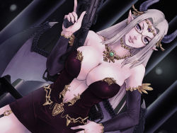 Rule 34 | 1girl, alva, breasts, cleavage, collarbone, demon horns, demon wings, dutch angle, earrings, garter straps, glasses, gun, highres, holding, holding gun, holding weapon, horns, jewelry, large breasts, lips, long hair, nail polish, navel, necklace, original, parted lips, pointy ears, purple eyes, purple nails, semi-rimless eyewear, silver hair, solo, trigger discipline, under-rim eyewear, weapon, wings