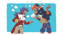 Rule 34 | 2boys, arguing, black hair, black hoodie, buttons, commentary request, creatures (company), dark-skinned male, dark skin, dynamax band, earrings, eye contact, facial hair, game freak, gym leader, holding, holding paper, hood, hoodie, jewelry, leon (pokemon), long hair, looking at another, male focus, multiple boys, nintendo, pants, paper, pokemon, pokemon swsh, purple hair, raihan (pokemon), shorts, side slit, side slit shorts, suruga dbh, tailcoat, undercut, yellow eyes