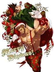Rule 34 | 2boys, abs, arm up, armpit hair, bara, bare pectorals, beard, biceps, body hair, bodysuit, box, brown eyes, bulge, camouflage, camouflage pants, candy, candy cane, cayden (dizdoodz), chest hair, christmas, dizdoodz, earrings, english text, facial hair, feet out of frame, food, gift, gift bag, gift box, gloves, green bodysuit, hat, highres, jewelry, large pectorals, light brown hair, looking to the side, male focus, merry christmas, multiple boys, muscular, muscular male, navel, nipples, on shoulder, original, over shoulder, pants, pectorals, red pants, santa costume, santa hat, topless male, short hair, stomach, suspenders, thick thighs, thighs, white background, white gloves