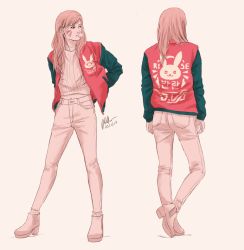 Rule 34 | &gt;:3, 1girl, :3, animal print, brown eyes, brown hair, blowing bubbles, casual, chewing gum, clothes writing, d.va (overwatch), facepaint, facial mark, full body, high heels, highres, jacket, jvkillustrations, letterman jacket, long hair, long sleeves, navel, nose, open clothes, open jacket, overwatch, overwatch 1, pants, pocket, rabbit print, solo, sweater, swept bangs, v-shaped eyebrows, whisker markings, white pants