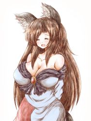 Rule 34 | 1girl, animal ears, arms behind back, bare shoulders, blue dress, blush, breasts, brooch, brown hair, cleavage, closed eyes, collarbone, cowboy shot, curvy, dress, fang, happy, highres, hip focus, imaizumi kagerou, jewelry, large breasts, off-shoulder dress, off shoulder, open mouth, shiny skin, sidelocks, simple background, smile, solo, tail, thighs, tongue, touhou, white background, wolf ears, wolf tail, ziogon