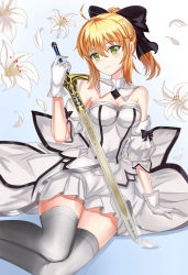 Rule 34 | 1girl, ahoge, arm support, artoria pendragon (fate), bare shoulders, blonde hair, breasts, caliburn (fate), cleavage, detached collar, detached sleeves, fate/unlimited codes, fate (series), flower, gloves, green eyes, hair between eyes, hair ribbon, lily (flower), medium breasts, noir84, petals, ponytail, ribbon, saber lily, smile, solo, thighhighs, thighs, white gloves