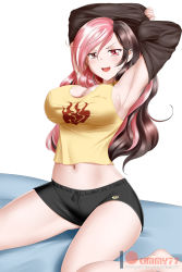 Rule 34 | 1girl, armpits, arms up, artist name, blush, breasts, brown eyes, brown hair, cleavage, cosplay, covered erect nipples, heterochromia, highres, impossible clothes, impossible shirt, kimmy77, large breasts, long hair, midriff, multicolored hair, navel, neo politan, patreon logo, patreon username, pink eyes, pink hair, rwby, shirt, short shorts, shorts, sideboob, sitting, solo, split-color hair, tank top, watermark, web address, white background, yang xiao long, yang xiao long (cosplay), yokozuwari