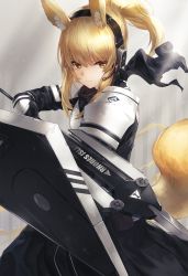 Rule 34 | 1girl, animal ears, armor, black scarf, blonde hair, closed mouth, commentary request, fox ears, fox girl, fox tail, gloves, headset, holding, holding weapon, horse girl, kfr, long hair, long sleeves, looking at viewer, orange eyes, original, pauldrons, polearm, ponytail, revision, scarf, serious, shield, shoulder armor, sidelocks, solo, spear, sunlight, tail, weapon