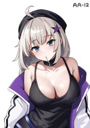 Rule 34 | 1girl, aa-12 (girls&#039; frontline), ahoge, black camisole, black headwear, blue eyes, blush, breasts, camisole, candy, character name, cleavage, food, food in mouth, girls&#039; frontline, grey hair, hair ornament, highres, jacket, ki-51 (ampullaria), large breasts, lollipop, long hair, looking at viewer, multicolored clothes, multicolored jacket, off shoulder, open clothes, open jacket, purple jacket, solo, star (symbol), star hair ornament, straight-on, turtleneck, two-tone jacket, upper body, white background, white jacket