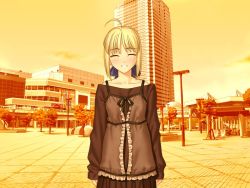 Rule 34 | 00s, 1girl, ahoge, artoria pendragon (all), artoria pendragon (fate), blonde hair, bow, building, dress, closed eyes, fate/hollow ataraxia, fate/stay night, fate (series), game cg, grin, hair bow, lamppost, layered clothes, official alternate costume, outdoors, saber (fate), skyscraper, smile, solo, sunset, takeuchi takashi, tree