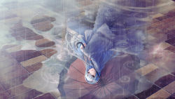Rule 34 | 1girl, blue hair, brick floor, dolphin wave, game cg, highres, holding, holding umbrella, long hair, looking at viewer, looking down, nayuki hiori, official art, puddle, rain, red eyes, reflection, solo, tagme, umbrella