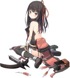 Rule 34 | arrow (projectile), back, black hair, bowgun, breasts, broken, broken weapon, full body, isegawa yasutaka, long hair, official art, oshiro project:re, oshiro project:re, quiver, red eyes, sideboob, sidelocks, sitting, solo, thighhighs, torn clothes, transparent background, uchi (oshiro project), weapon