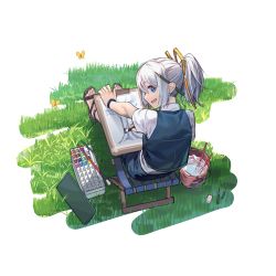 Rule 34 | 1girl, :d, blue eyes, blue vest, bucket, bug, butterfly, chair, commentary request, drawing, eraser, folding chair, from above, from behind, full body, grass, hair ribbon, highres, bug, li bai, long hair, looking at viewer, looking back, looking up, open mouth, orange ribbon, paint, paintbrush, painting (object), pencil, ribbon, sandals, sangai senki, shirt, short sleeves, silver hair, sitting, smile, solo, vest, water, white shirt, wristband, zhili xingzou