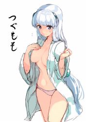 Rule 34 | 1girl, areola slip, blue eyes, blush, breasts, covered erect nipples, hair ornament, highres, kame^^, large breasts, long hair, open clothes, open shirt, panties, pink panties, shirt, silver hair, simple background, sketch, solo, underwear, white background, white shirt