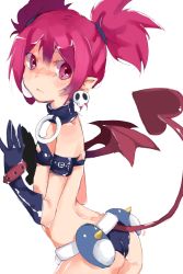 Rule 34 | 1girl, ass, bare shoulders, black gloves, bracelet, breasts, choker, demon girl, demon tail, disgaea, disgaea d2, earrings, etna (disgaea), gloves, jewelry, long hair, navel, pointy ears, red eyes, red hair, short shorts, shorts, simple background, small breasts, tail, twintails, wings, yoiyoi (yoiyoi-chan)