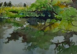 day grass grey_sky highres no_humans obanyaki original painting_(medium) pond reflection reflective_water scenery sky traditional_media tree water watercolor_(medium)