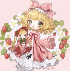 Rule 34 | 2girls, blonde hair, blue eyes, blunt bangs, bonnet, bow, cowboy shot, cup, dress, flower, food, frilled bow, frills, fruit, green eyes, hair bow, highres, hinaichigo, holding, holding food, holding fruit, long hair, long sleeves, medium hair, multiple girls, open mouth, pink background, pink bow, pink dress, red headwear, red ribbon, ribbon, ringlets, rozen maiden, shinku, shirosaki london, signature, smile, strawberry, twintails, white flower, wide sleeves