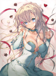 Rule 34 | 1girl, :3, bare shoulders, bed sheet, blue choker, blue dress, blue eyes, blush, breasts, chocolate, choker, cleavage, closed mouth, collarbone, commentary request, detached sleeves, dress, heart, large breasts, long hair, long sleeves, looking at viewer, lying, on back, on bed, original, satsuki misuzu, silver hair, sleeves past wrists, smile, solo, star (symbol), very long hair