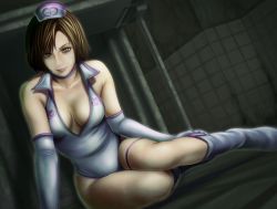 Rule 34 | 1girl, artist request, breasts, brown hair, cleavage, curvy, eileen galvin, full body, gloves, hat, highleg, highleg leotard, leotard, light smile, lips, looking at viewer, medium breasts, nurse, nurse cap, official alternate costume, shiny skin, short hair, silent hill, silent hill (series), silent hill 4: the room, sitting, solo, thighs, white gloves, white leotard, wide hips