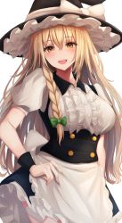 Rule 34 | 1girl, 7saki, apron, black dress, blonde hair, bow, braid, buttons, dress, frilled dress, frills, hair bow, hat, hat bow, highres, kirisame marisa, long hair, puffy sleeves, short sleeves, simple background, single braid, skirt, smile, solo, touhou, waist apron, white background, witch hat, yellow eyes