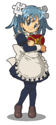 Rule 34 | 1girl, apron, blue eyes, blue hair, candy, chocolate, chocolate heart, food, full body, hair ornament, heart, holding, jaggy lines, kasuga (kasuga39), knees together feet apart, maid, pantyhose, pixel art, puzzle piece, smile, solo, twintails, wikipe-tan, wikipedia