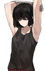 1girl absurdres armpits arms_up badnick69_(camchi) black_hair black_tank_top closed_eyes closed_mouth collarbone hand_wraps highres limbus_company liu_association_(identity)_(project_moon) project_moon red_shorts ryoshu_(project_moon) short_hair shorts simple_background solo stretching sweat tank_top white_background