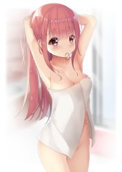 Rule 34 | 1girl, armpits, arms up, bare arms, bare shoulders, blurry, blurry background, blush, breasts, cleavage, collarbone, depth of field, groin, hair tie, hair tie in mouth, highres, lineflo, long hair, medium breasts, mouth hold, naked towel, original, red eyes, red hair, solo, towel, tying hair, very long hair