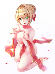 Rule 34 | 10s, 1girl, ahoge, barefoot, blonde hair, braid, breasts, covering privates, covering breasts, fate/extra, fate (series), from above, full body, green eyes, hair bun, hair intakes, hair ribbon, highres, kneeling, large breasts, looking at viewer, nero claudius (fate), nero claudius (fate) (all), nero claudius (fate/extra), nude, official alternate costume, open mouth, red ribbon, ribbon, single hair bun, smile, solo, yutsuki tsuzuri, yuzuki tsuzuru