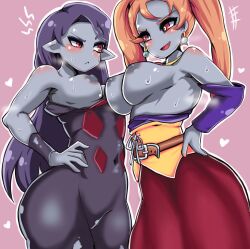 Rule 34 | 2girls, absurdres, breast envy, breasts, breasts out, colored skin, corruption, dark persona, demon girl, dragon quest, dragon quest viii, grey skin, highres, jessica albert, koikeya9, large breasts, medium breasts, multiple girls, orange hair, pointy ears, possessed, possession, red eyes, rhapthorne, smug, square enix, sweat, twintails, witch (dragon quest)