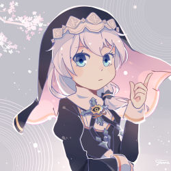 Rule 34 | 1348551779, 1girl, blue eyes, cherry blossoms, closed mouth, hair between eyes, hand up, hat, highres, honkai (series), honkai impact 3rd, index finger raised, long sleeves, looking at viewer, nun, profile, side ponytail, solo, theresa apocalypse, theresa apocalypse (valkyrie pledge), white hair