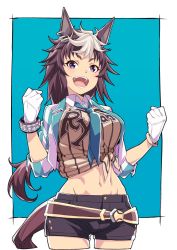 Rule 34 | 1girl, alternate hair length, alternate hairstyle, animal ears, black shorts, blue background, blue necktie, breasts, brown hair, clenched hands, commentary request, gloves, highres, horse ears, horse girl, long hair, looking at viewer, medium breasts, mejiro ryan (umamusume), midriff, navel, necktie, open mouth, purple eyes, shirt, shorts, solo, teeth, tied shirt, two-tone background, umamusume, wakoudo, white background, white gloves