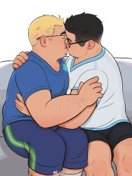 Rule 34 | 2boys, artist request, bara, blonde hair, closed eyes, facial hair, fat, fat man, feet out of frame, from side, glasses, hand on another&#039;s shoulder, highres, male focus, mismatched eyebrows, multiple boys, original, pectorals, profile, shirt, short hair, shorts, sideburns stubble, sparse arm hair, stubble, t-shirt, thick eyebrows, yaoi