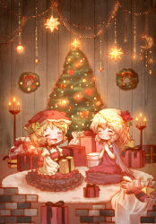 Rule 34 | 2girls, :d, ^ ^, aki minoriko, aki shizuha, arinu, blonde hair, blush, box, candelabra, candle, candlestand, chibi, christmas, christmas ornaments, christmas tree, closed eyes, commentary, dress, closed eyes, full body, gift, gift box, hair ornament, hat, highres, indoors, juliet sleeves, long sleeves, mob cap, multiple girls, open mouth, own hands together, puffy sleeves, red eyes, sack, short hair, siblings, sisters, sitting, smile, touhou